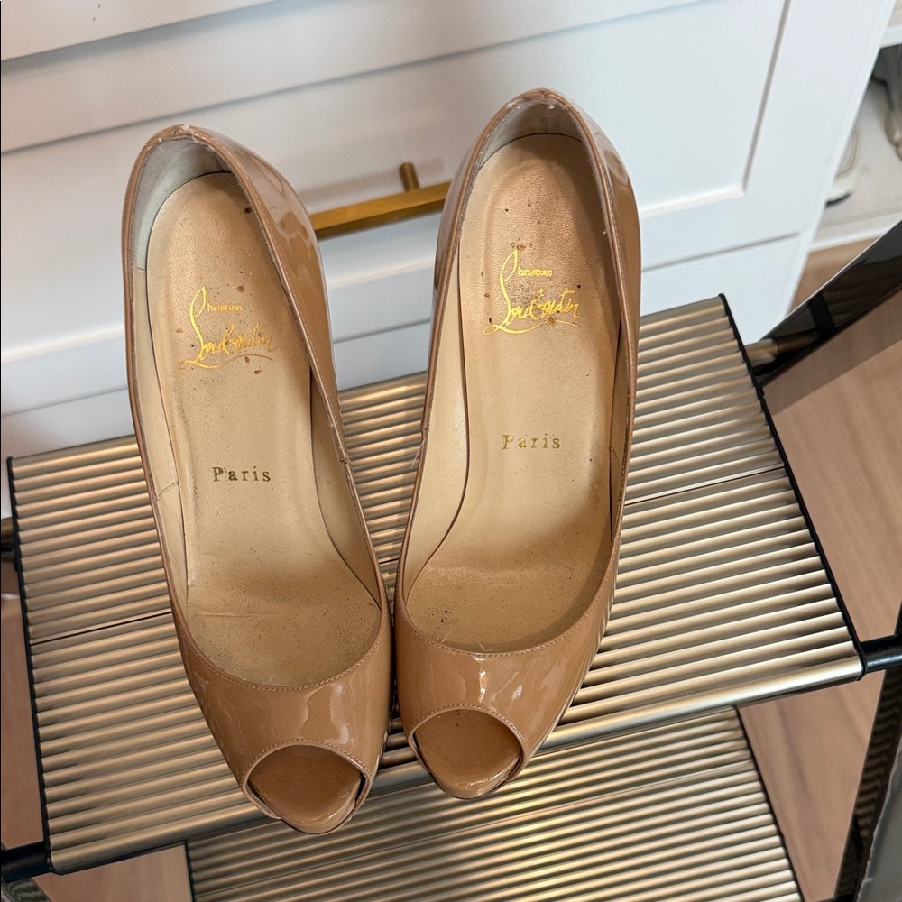 Christian Louboutin Nude Patent Peep-Toe Heels